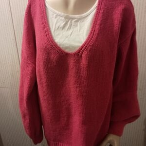 Pink Lily Women's Deep V-Neck Hot Pink Knit Sweater